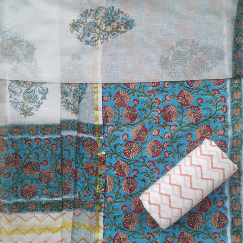 Floral Jaal Hand Block Print Cotton Suit Set with Kota Doria Dupatta (3CKD28)